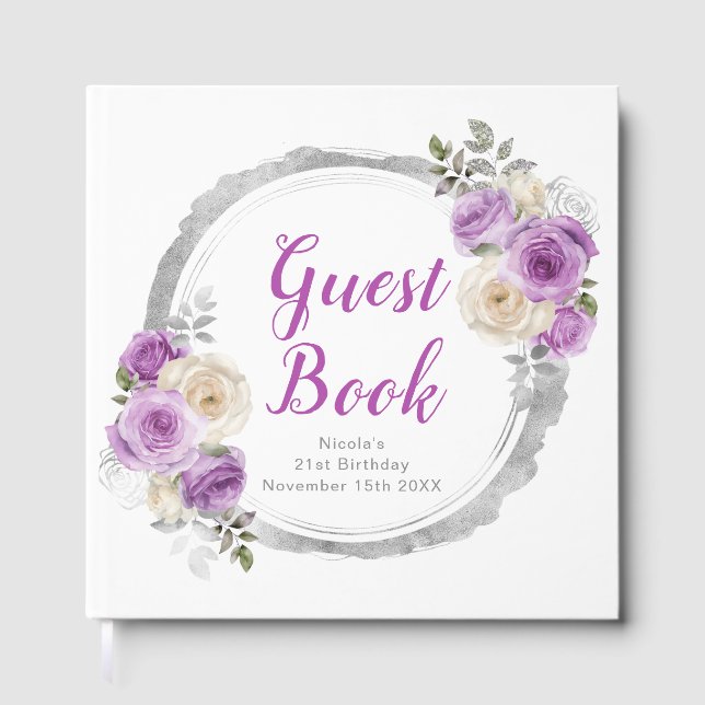 Libro De Visitas Purple and Silver Elegant Flowers Birthday Party (Anverso)
