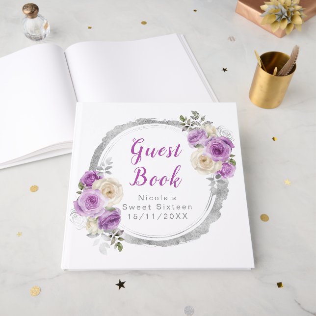 Libro De Visitas Purple and Silver Elegant Flowers Sweet Sixteen (Anverso Abierto)