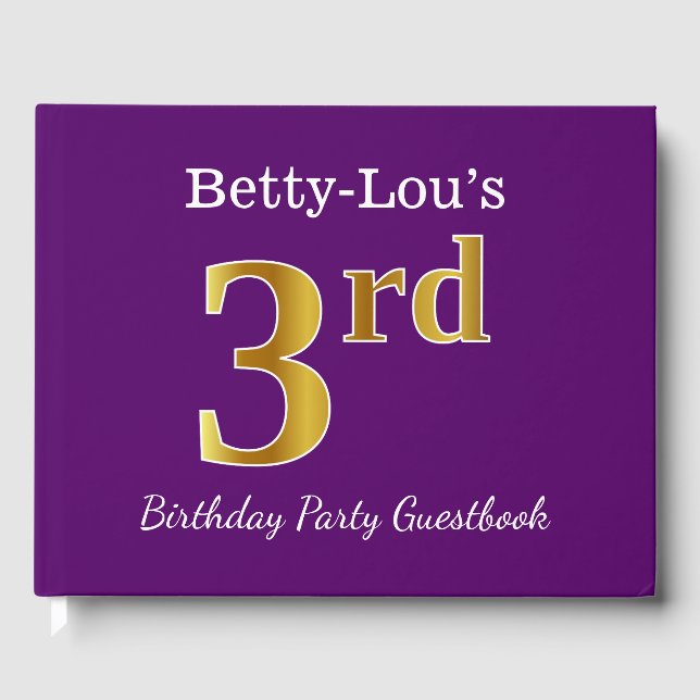 Libro De Visitas Purple, Faux Gold 3Birthday Fiesta + Custom Name (Anverso)