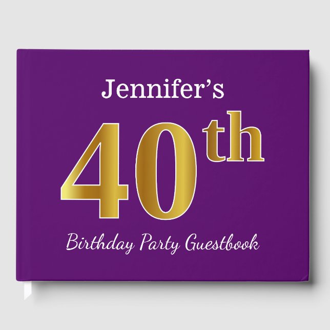 Libro De Visitas Purple, Faux Gold 40th Birthday Fiesta; Nombre per (Anverso)