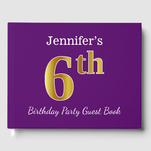 Libro De Visitas Purple, Faux Gold 6Cumpleaños Party + Custom Name (Anverso)