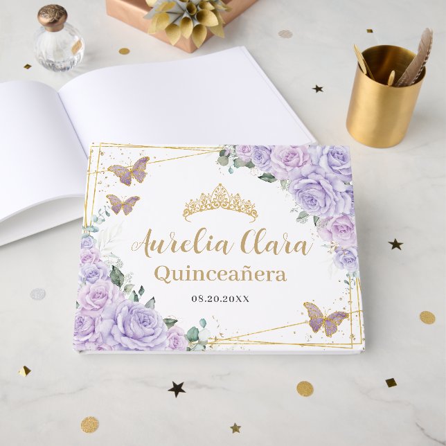 Libro De Visitas Purple Lilac Roses Floral Butterflies Quinceanera  (Anverso Abierto)