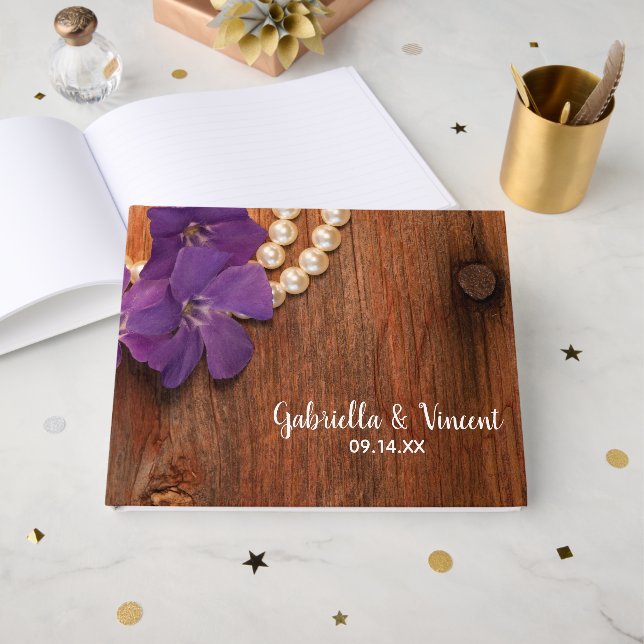 Libro De Visitas Purple Periwinkle Pearls Barn Wood Country Wedding (Anverso Abierto)