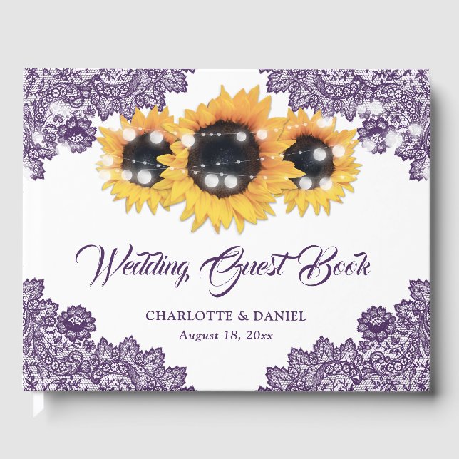 Libro De Visitas Purple Rustic Floral Lace Sunflower Wedding (Anverso)
