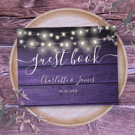 Libro De Visitas Purple Rustic Wood String Lights Boda de guiones