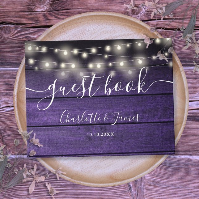 Libro De Visitas Purple Rustic Wood String Lights Boda de guiones (Purple Rustic Wood String Lights Script Wedding Guest Book)