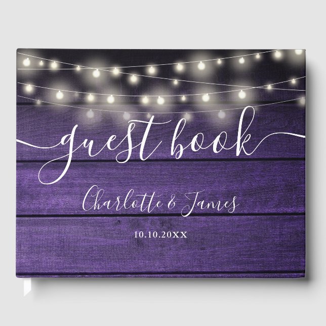 Libro De Visitas Purple Rustic Wood String Lights Photo Wedding (Anverso)