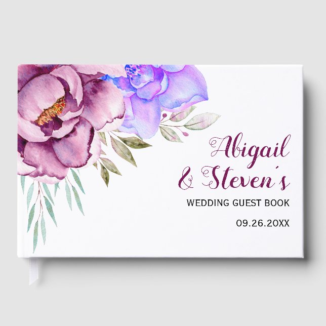 Libro De Visitas Púrpura, azul acuarela flores boda floral (Anverso)