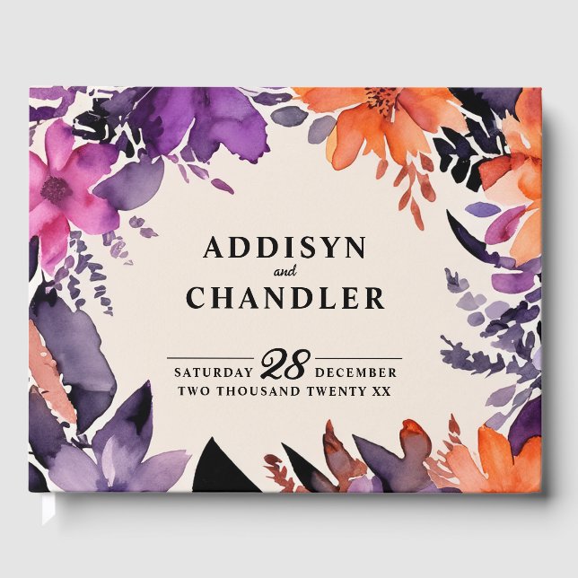 Libro De Visitas Púrpura encantada + Boda Naranja Floral Halloween (Anverso)