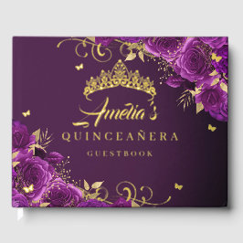 Libro De Visitas Púrpura Rosa Floral Swirl Quinceanera Gold