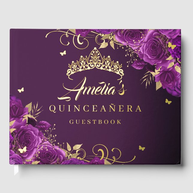 Libro De Visitas Púrpura Rosa Floral Swirl Quinceanera Gold (Anverso)