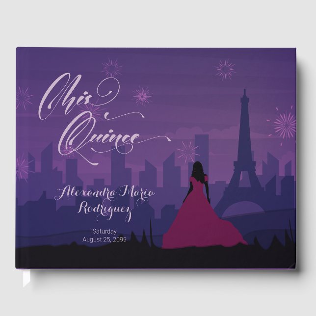 Libro De Visitas Púrpura Rosa París Fuegos artificiales Quinceañera (Anverso)