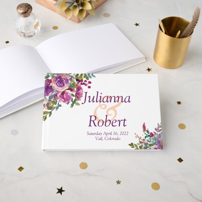 Libro De Visitas Púrpura y rosa acuarela Eggplant boda Gue (Anverso Abierto)