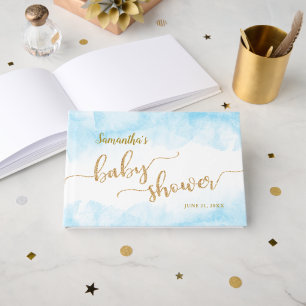 Libro De Visitas Purpurina azul Baby Shower Watercolor y dorado