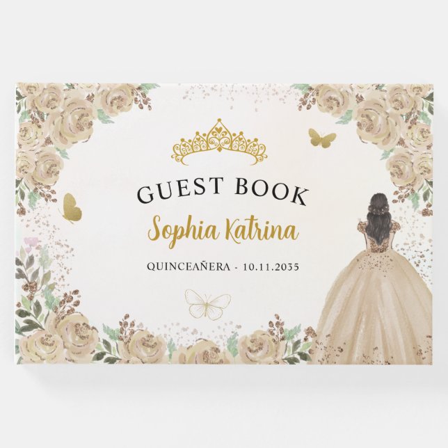 Libro De Visitas Purpurina de oro floral Princesa Quinceanera Guest (Anverso)