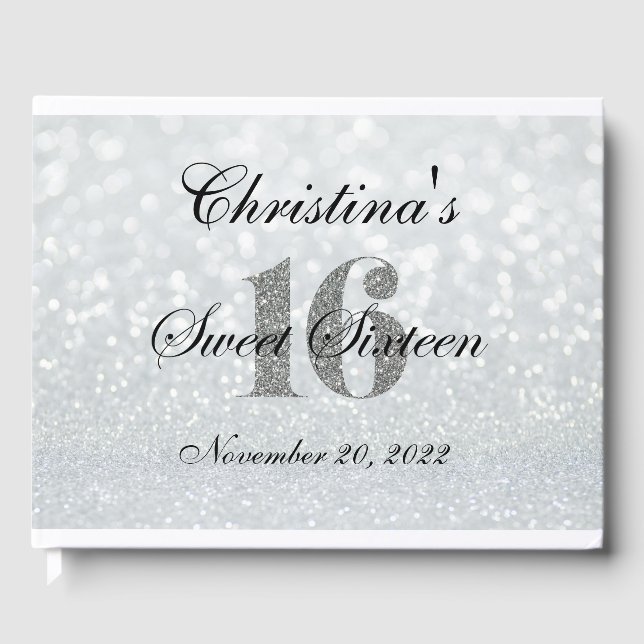 Libro De Visitas Purpurina de Plata Rosa Dulce 16 Personalizado Lib (Anverso)