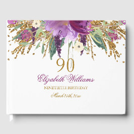 Libro De Visitas Purpurina floral Sparkling Amethyst 90th Birthday