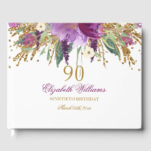 Libro De Visitas Purpurina floral Sparkling Amethyst 90th Birthday