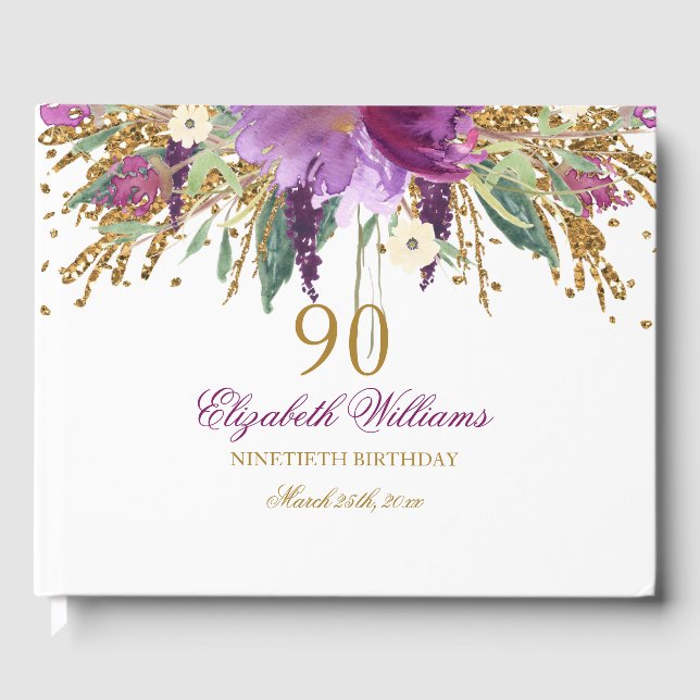 Libro De Visitas Purpurina floral Sparkling Amethyst 90th Birthday (Anverso)