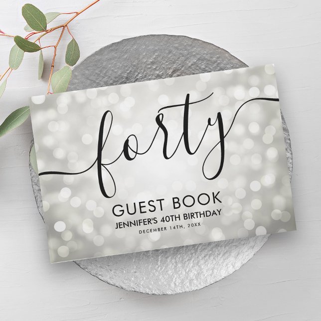 Libro De Visitas Purpurina plateado moderno ilumina 40 cumpleaños (Modern Silver Glitter Lights 40th Birthday Guest Book)