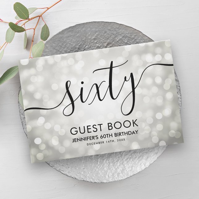 Libro De Visitas Purpurina plateado moderno ilumina el 60 aniversar (Modern Silver Glitter Lights 60th Birthday Guest Book)