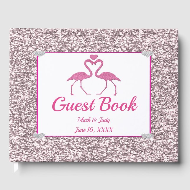 Libro De Visitas Purpurina Rosa Flamingo Love Boda Guestbook (Anverso)