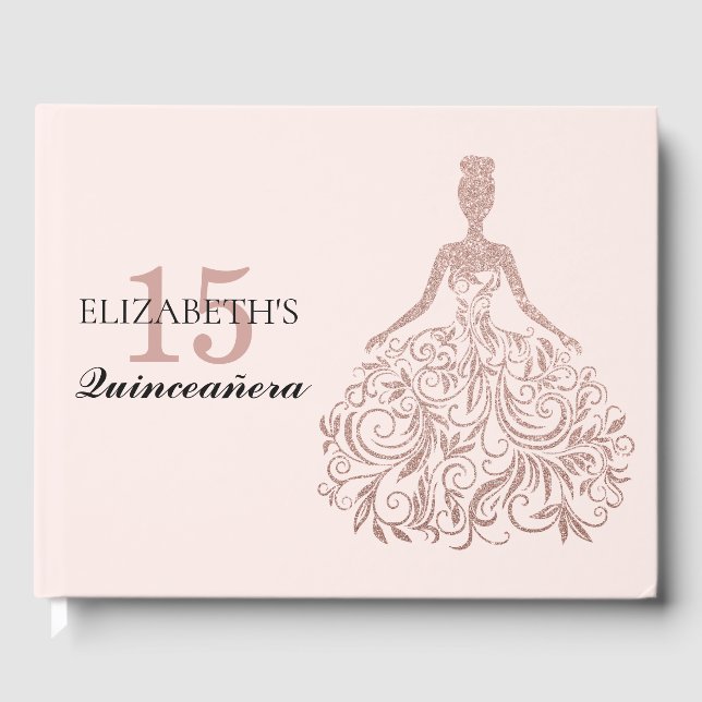 Libro De Visitas Purpurina Rosa Rosa Dorado Vestido Quinceañera Cum (Anverso)
