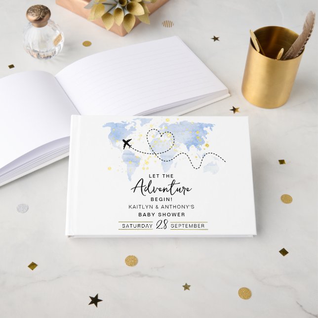 Libro De Visitas "¡Que comience la aventura!" Baby Shower de mapa d (Anverso Abierto)