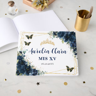 Libro De Visitas Quinceañera 15 Flores Mariposas Doradas Azul Marin