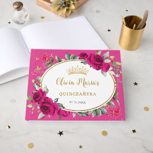 Libro De Visitas Quinceañera 15 Rosa Fucsia Floral Mariposa Dorado