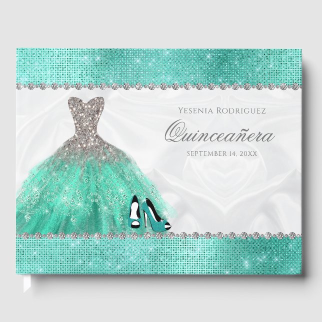 Libro De Visitas Quinceañera Aqua Diamond Sparkle Purpurina (Anverso)