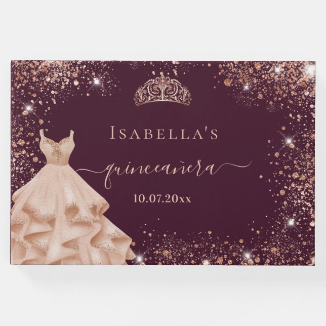 Libro De Visitas Quinceanera burgundy rosa vestido de oro tiara nom (Anverso)