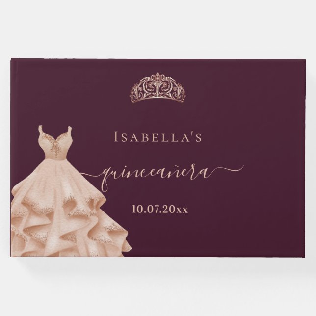 Libro De Visitas Quinceanera burgundy rosa vestido de oro tiara nom (Anverso)