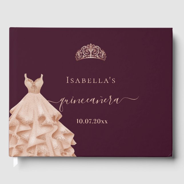 Libro De Visitas Quinceanera burgundy rosa vestido de oro tiara nom (Anverso)