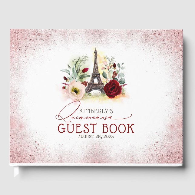 Libro De Visitas Quinceanera Burgundy Rubor Pink Floral Guest Book (Anverso)
