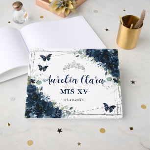 Libro De Visitas Quinceañera de Mariposas Florales Azul Marino y Pl