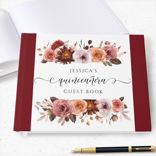 Libro De Visitas Quinceañera elegante Borgoña y Rubor Floral (Subido por el creador)