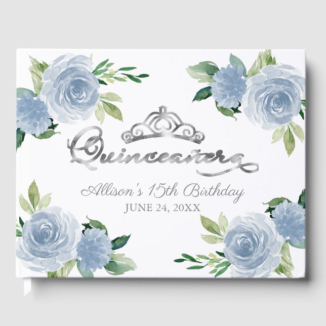 Libro De Visitas Quinceanera floral azul claro de Tiara (Anverso)