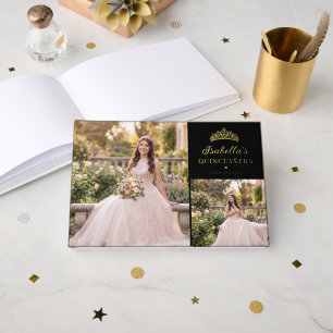 Libro De Visitas Quinceañera Floral Negra y Dorada