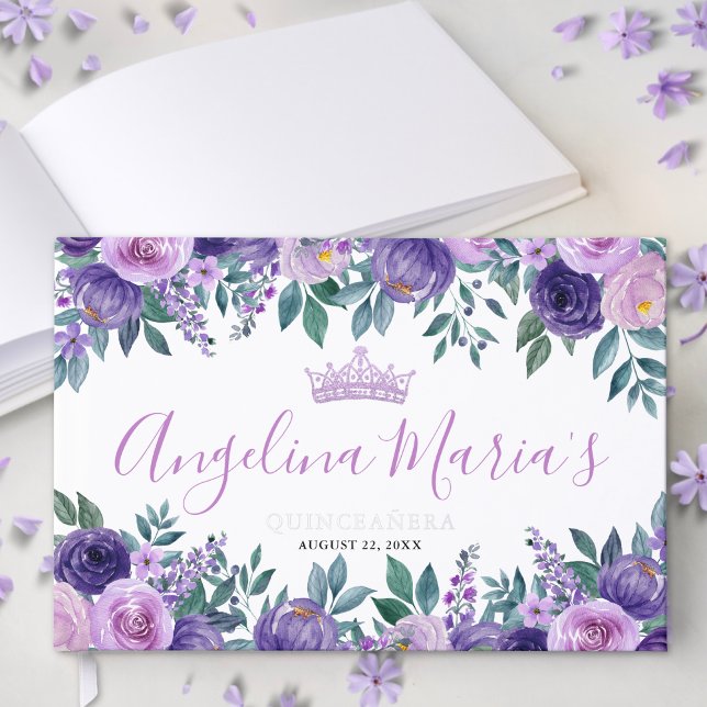 Libro De Visitas Quinceanera floral púrpura (Floral Purple Quinceanera Foil Guest Book)