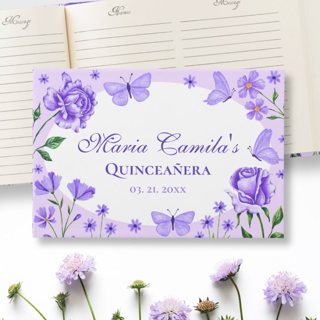 Libro De Visitas Quinceañera floral púrpura de Lilac 15º cumpleaños (Lilac Purple Floral Quinceañera 15th Birthday Guest Book)