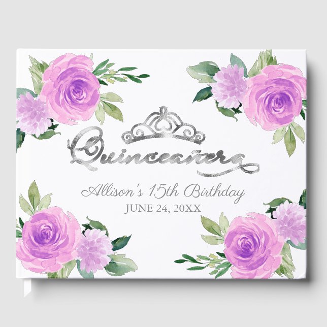 Libro De Visitas Quinceanera floral púrpura plateada Tiara Light (Anverso)