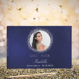 Libro De Visitas Quinceanera foto glamorosa de plata azul marino