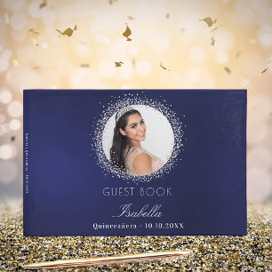 Libro De Visitas Quinceanera foto glamorosa de plata azul marino
