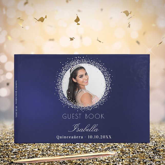 Libro De Visitas Quinceanera foto glamorosa de plata azul marino (Subido por el creador)