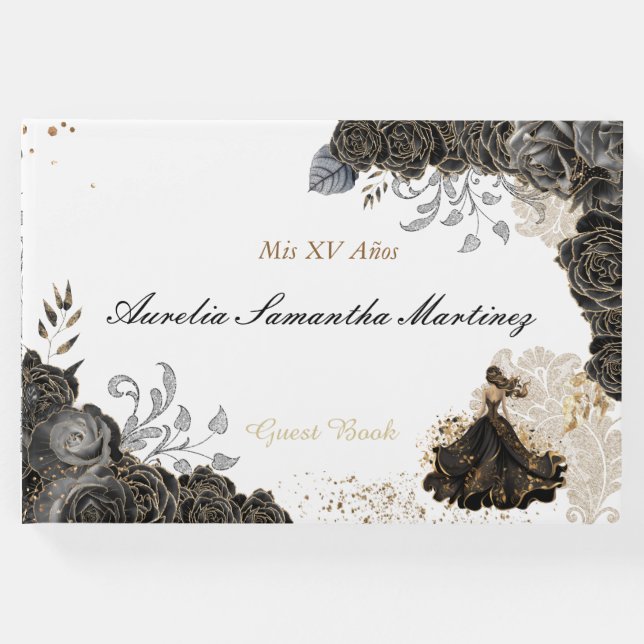 Libro De Visitas Quinceañera Guest Book Black and Gold (Anverso)