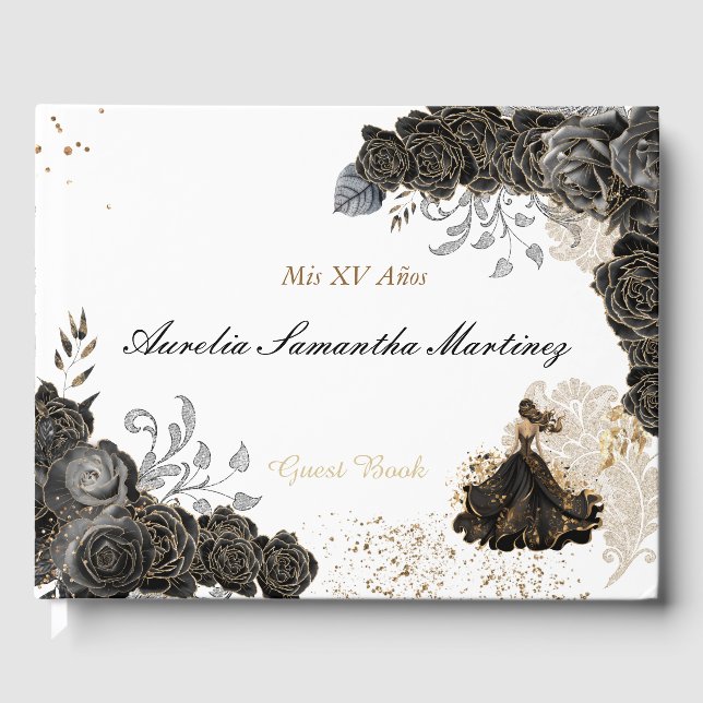 Libro De Visitas Quinceañera Guest Book Black and Gold (Anverso)