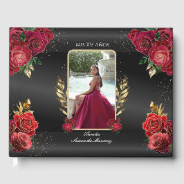 Libro De Visitas Quinceañera Guest Book Red Roses fondo negro