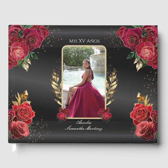 Libro De Visitas Quinceañera Guest Book Red Roses fondo negro (Anverso)