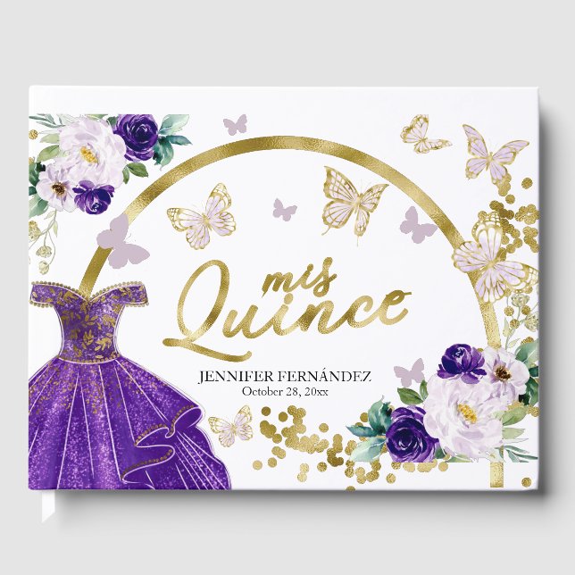 Libro De Visitas Quinceanera Guest Book Vestido de mariposa morada (Anverso)